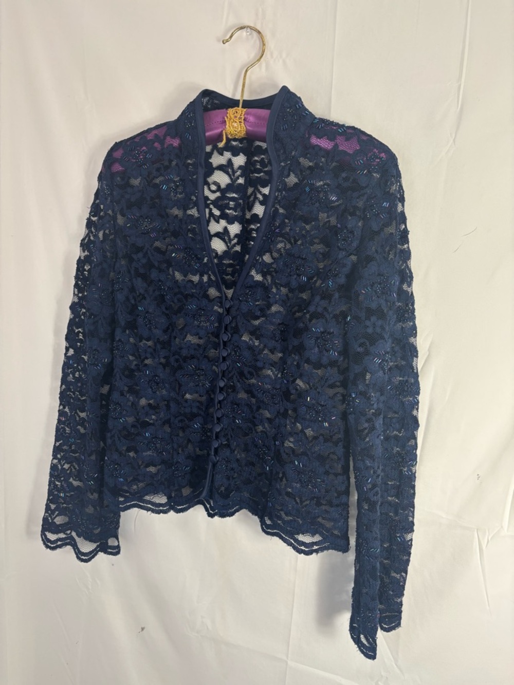 Lace Beaded Long Flare Sleeve Witchy Whimsigoth Sheer Button Up Blouse Size L - Picture 13 of 16